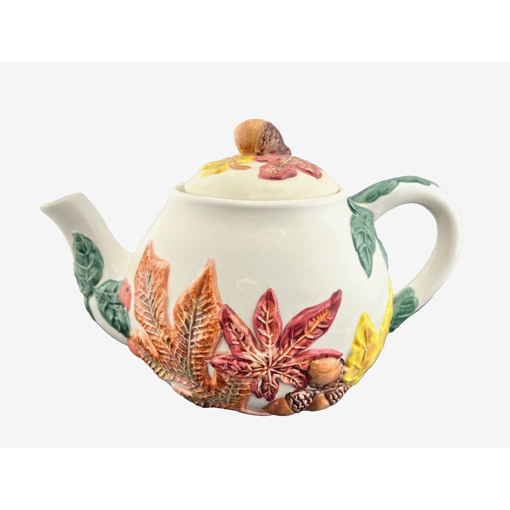 Potpourri Designs Fall Leaves Ceramic Teapot Autumn Acorns White Multi Cottage